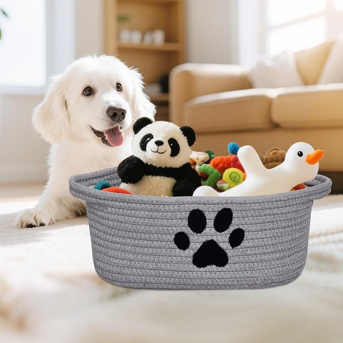 ABenkle Small Woven Basket with Handle, Cute Dog Paw Baskets for Gifts Empty, Decorative Rope Woven Storage Dog Toy Basket, Nursery Baskets for Baby Shower, 12" x 8" x 5"