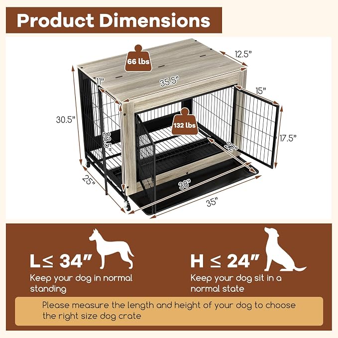 PETSITE Portable Dog Crate Furniture, 38 Inch Wooden Dog Kennel Side Table with Flip-up Top, 3 Lockable Doors and Removable Tray, Ideal for Small to Medium Dogs (Grey)