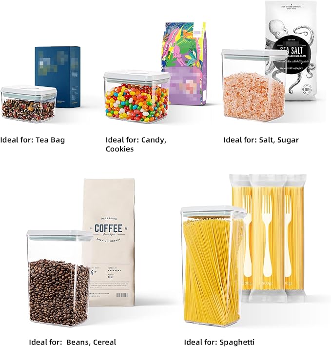 Airtight Food Storage Containers, 10-Piece, 5 Sizes, Pop-Top Lids | Clear Stackable Pantry Canisters for Flour, Sugar, Cereal, Pasta, Oats, Coffee, Snacks and Everyday Home Baking Ingredients