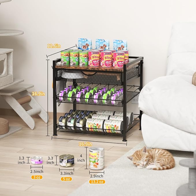 Cat Food Can Organizer, Storing Different Sizes Pet Food Canned Dispenser | 2-Tier Can Storage With Drawers,Automatic Slip Design,Manually Adjust The Gap Size Classify Cat Food Canned The Dispenser