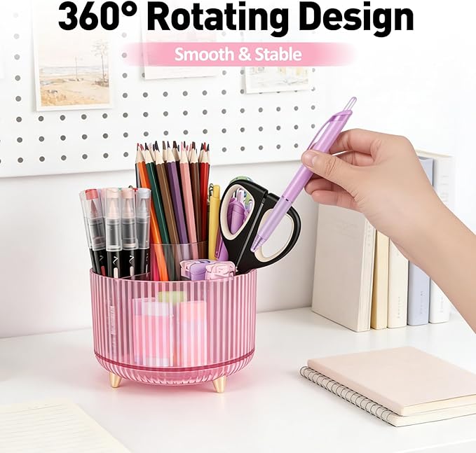 360 Rotating Pen Pencil Holder for Desk, Pen Organizer with 5 Slots | Makeup Brush Holder, Desk Organizer and Accessories, Cute Pencil Cup Caddy for Office School Home Decor Art Supply (Pink)