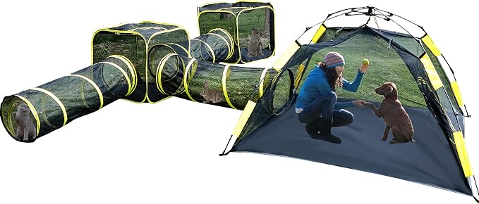 Outdoor Enclosure 6-in-1 Cat & Ferret Playpen with Tunnels, Portable Foldable Pop Up Play Tunnel for Cats, Dogs, Rabbits & Ferrets