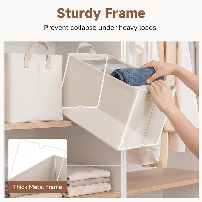 StorageWorks Fabric Storage Bins, Closet Organizer Bins, Beige, 2-Pack | With PU Handles, Wrinkle-Resistant Cottlyn Fabric, Foldable, For Bedroom, Bathroom, Laundry, Holds Clothes, Towels, Blankets