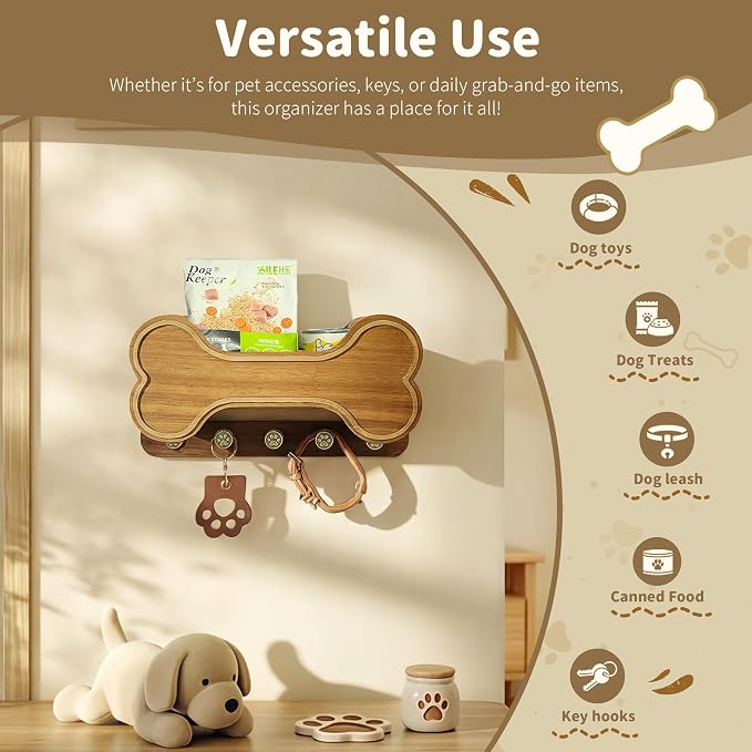MTERSN Dog Leash Holder for Wall with Shelf for Pet Adoption Gift, Brown