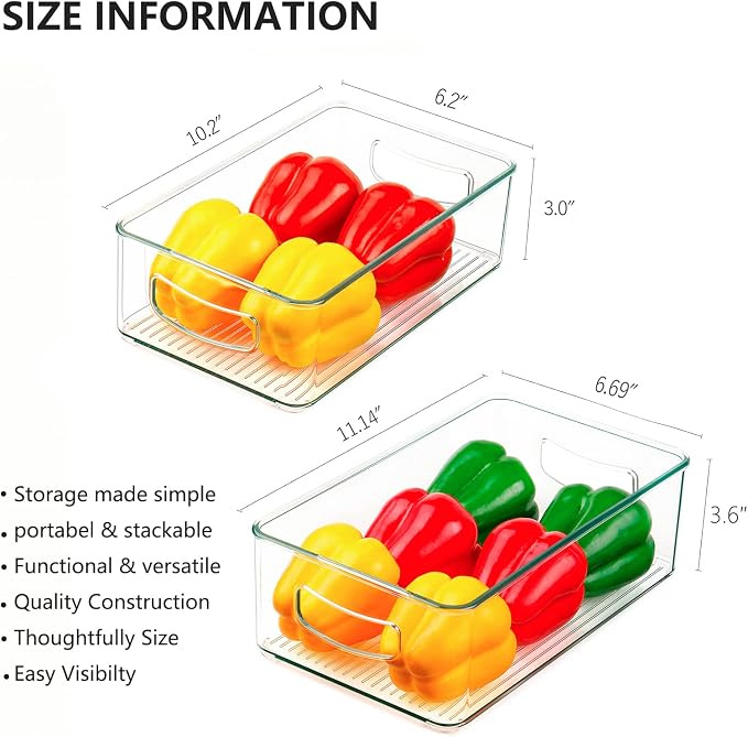 Qilinba Set Of 8 Stackable Pantry Organizer Bins, Clear Plastic Storage Bins for Home Edit Fridge Cabinet Organizing Storage Containers (4 Large and 4 Medium)
