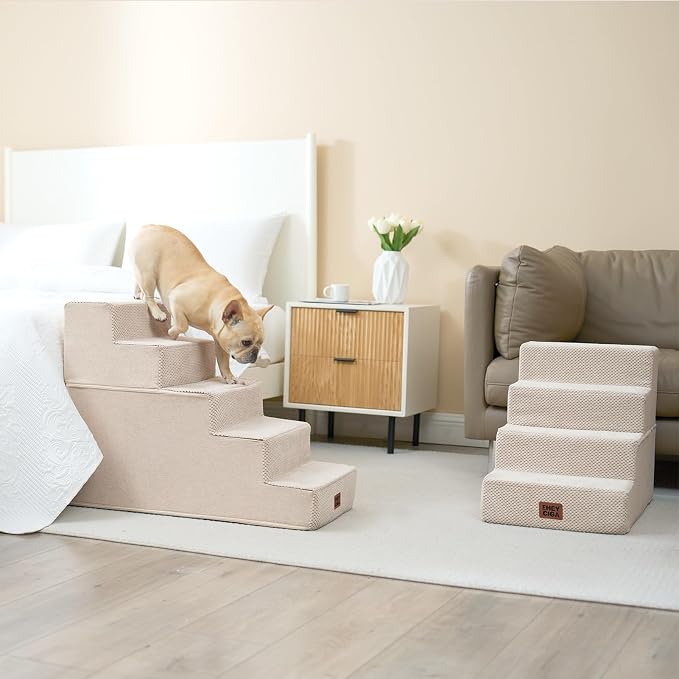 EHEYCIGA Dog Stairs for High Bed 22.5" H, 5-Step Extra Wide Dog Steps for Bed, Pet Steps for Small Dogs and Cats, Non-Slip Balanced Pet Ramp Indoor, Beige