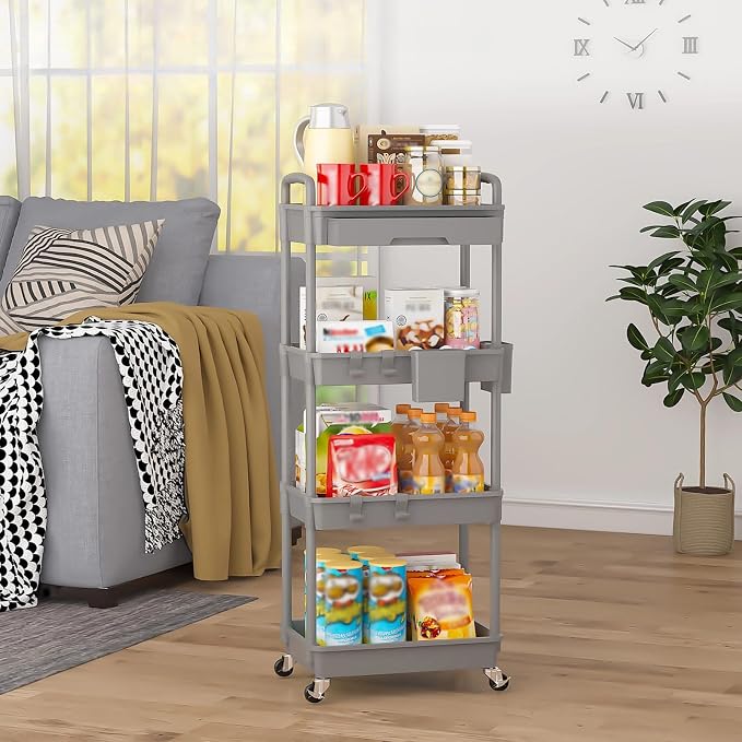 4 Tier Rolling Utility Cart with Drawer, Plastic Storage Organizer Rolling Carts with Wheels Handles Hanging Cups Hooks for Office, Bathroom, Kitchen,Craft Art Room (Grey)
