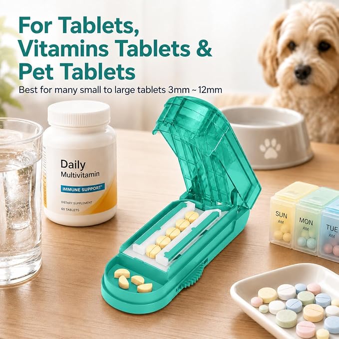 ONE PIX Pill Cutter Splitter for Small and Tiny Pills, Multiple Pill Splitter with Centering Device & Hidden Blade, Adjustable Tablet Cutter for Large Pills, Seniors, Pets, Cyan