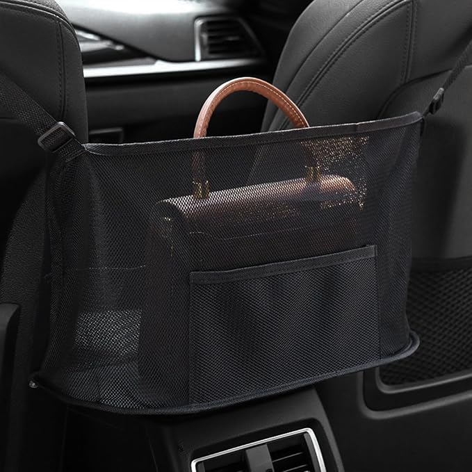 Car Net Pocket Handbag Holder - Auto Net Pocket Purse Holder Between Front Seats Car Storage Organizer, Universal Interior Accessories Barrier of Backseat Pet Kids (Black)