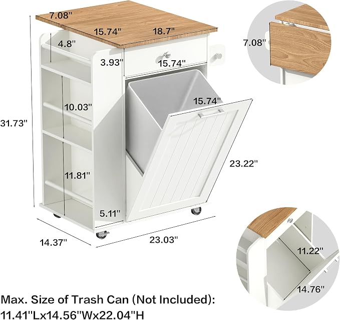 Kitchen Island with Trash Can Storage & Drop Leaf, Portable Kitchen Island on Wheels, Rolling Island Table for Kithchen