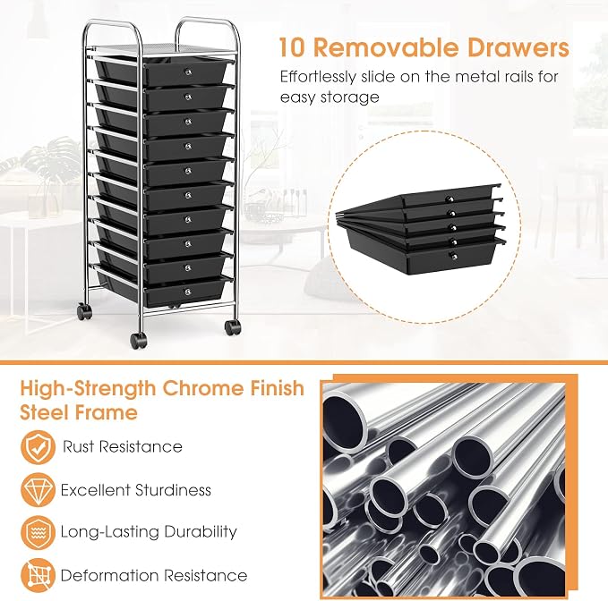 10 Drawer Rolling Storage Cart, Organization Cart with Drawers for Craft Makeup Paper Tool Art Supply, Versatile Utility Cart on Wheels for Home Office Classroom School (Black)