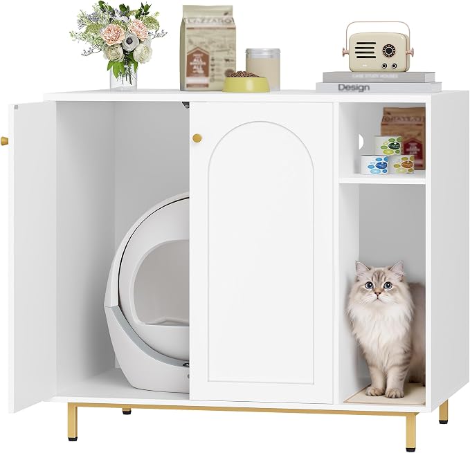 Hzuaneri Large Cat Litter Box Enclosure, Automatic Litter Box Furniture | Wooden Self-Cleaning Cat Cabinet with Storage & Scratch Pad, Modern Cat Washroom, End Table, White and Gold CB87103G