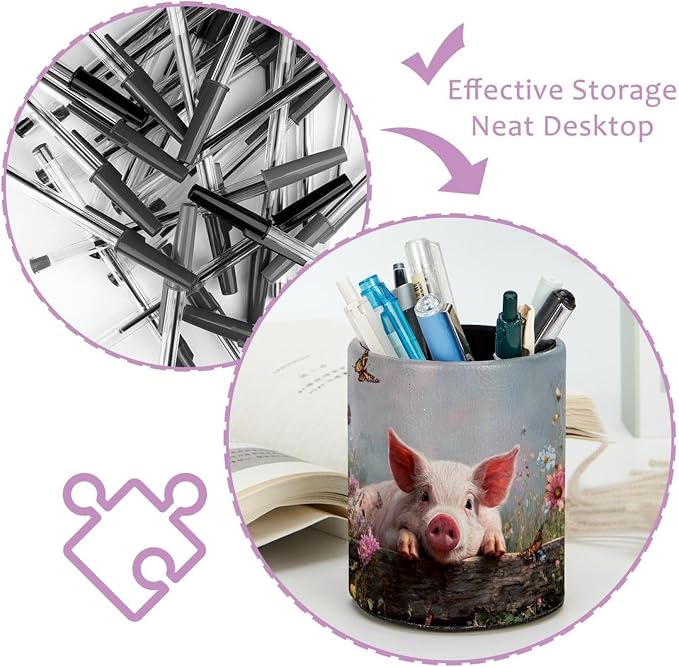Faux Leather Pen Holder for Desk, Pencil Organizer Pig and Fence Pen Cup Desk Decor Makeup Brush Holder Storage for Office Home
