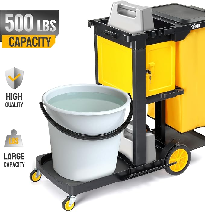 TUFFIOM Janitorial Cart with Key-Locking Cabinet, 3-Shelf Commercial Cleaning Cart, Housekeeping Caddy with Locker,Wheeled with Yellow Vinyl Bag, Black, Great for Hotel, Stores, Schools, and Business