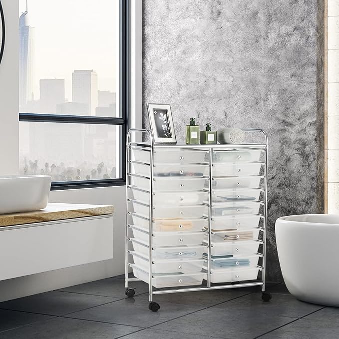 20 Drawer Rolling Storage Cart, Art Cart Organizer with Wheels for Makeup, Tool, Paper, Multipurpose Craft Storage Cart with Drawers for Office, Home, Classroom, Teacher, School (Clear)