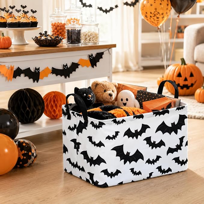 Halloween Batman Basket Gothic Bat Storage Kids Toy Organizer Room Decor | Collapsible Waterproof Kids Laundry Basket With Handles,Multi-scene Organizer for Home Bedroom,Black Bats Gift Bin