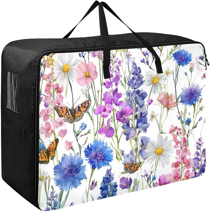 Comforter Storage Bags Large Folding Blanket Organizer Bag with Strong Handles Clear Window Closet Storage Containers for Clothes King Queen Pillows Bedding Quilt Duvet Pink Bluebonnets Daisy