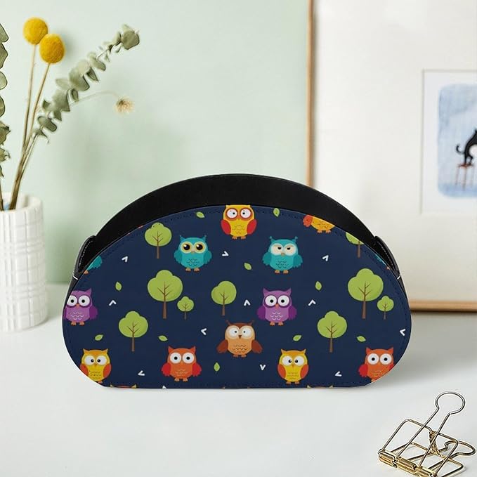 TV Remote Control Holder Cute Owl Desktop Storage Caddy Box | Pu Leather Makeup Brush Organizer with 5 Compartments, Cute Owl, Fit for Media Player, Office Supplies