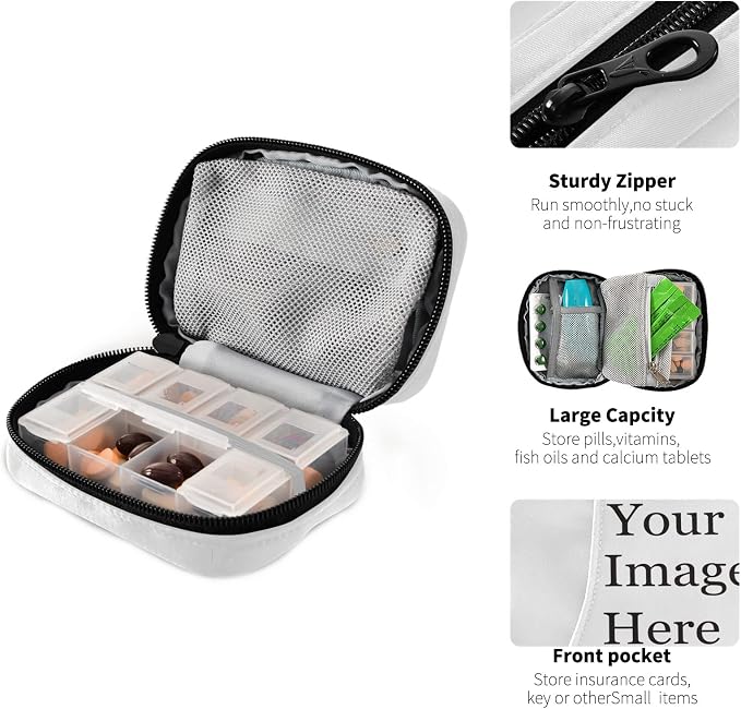 Custom Pill Case 7 Day Pill Organizer Personalized Travel Pill Case Portable Weekly Pill Box Bag Container Vitamin Supplement Holder with Zipper for Family Business