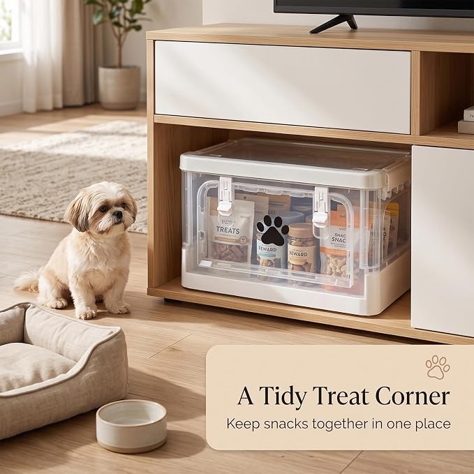Collapsible Dog Storage Organizer, Clear Dog Treat Container with Cover, Plastic Pet Stuff Organizer with Front Opening Door, Ideal for Organizing Dog Cat Snack, Toys, Supplements, Can Food