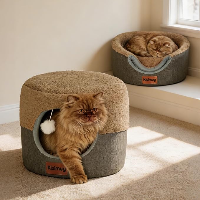 2-in-1 Cat Bed Cave, Cozy Covered Cat Beds for Indoor Cats,Pet Bed | 17.7"D x 13.8"H, Cave To Bed In Seconds, Cat Hideaway for Kittens & Small Dogs, Hanging Cat Toys, Machine Washable Dog Bed