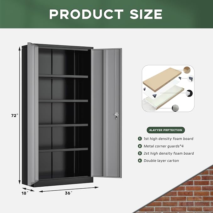 Greenvelly Metal Storage Cabinet, 72" Locking Metal Garage Storage Cabinet with Doors and 4 Adjustable Shelves, Lockable Steel Cabinet for Home Office, Garage, Shop, School (Black Grey 36" W x 18" D)