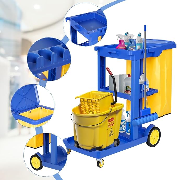 tonchean Commercial Janitorial Cart, 3-Shelf Housekeeping Cart with 22 Gallon Vinyl Bag & Cover, Large Cleaning Cart with Wheels for Hotel, Store, School, Office
