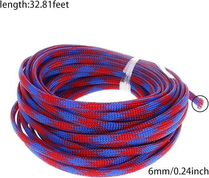 Heyiarbeit 10m/32.8ft PET Expandable Braid Cable Sleeving Flexible Wire Mesh Sleeve Blue Red 6mm