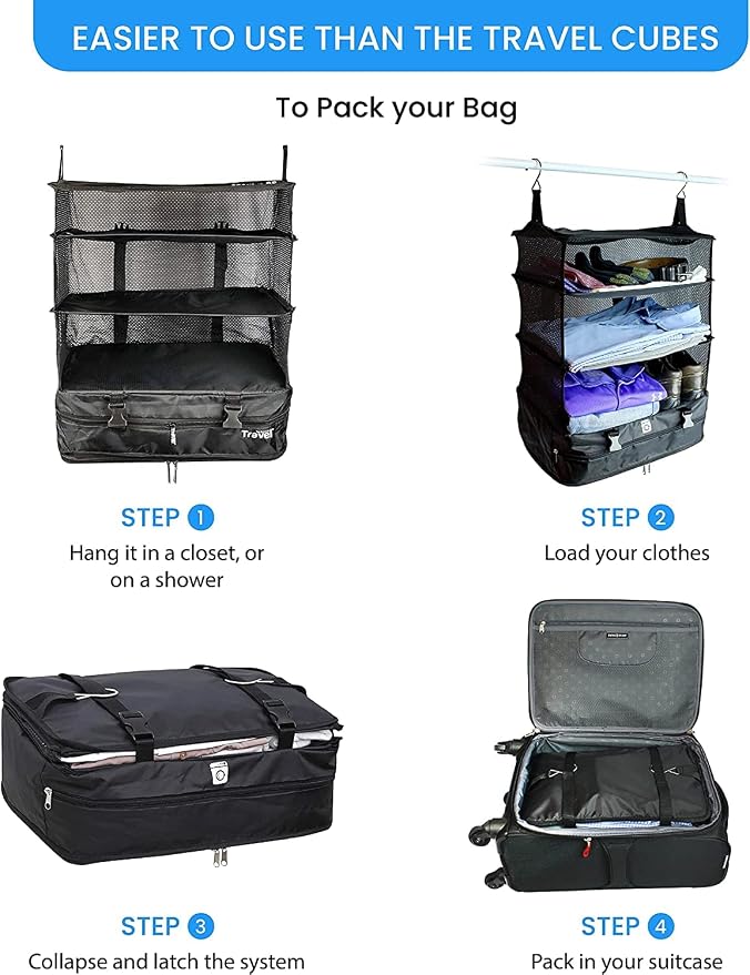 Stow-N-Go Hanging Travel Shelves, Packing Organizer for Luggage. Carry on Closet for Suitcase. Expandable Packing Cube. Travel Essentials. (Black - XL, XL = (L) 17.7" x (W) 11.8")