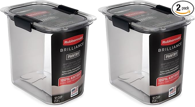 Rubbermaid Brilliance 12-Cup Airtight Food Storage Container,Perfect for Pantry Staples,Clear/Grey,(Pack of 2)