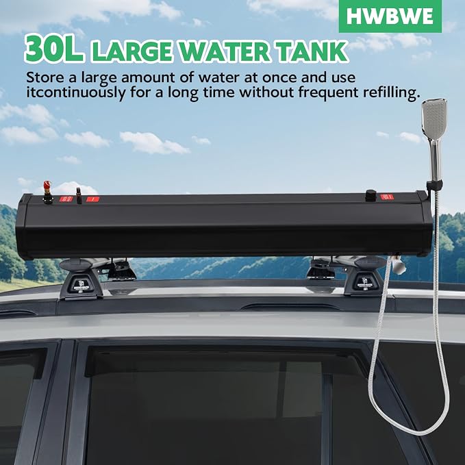 Pressurized Water Tank for Camping Shower, 7.93Gal Portable Camping Showerhead Handheld with Storage Bag, Roof Rack Shower for Hiking, Car wash, Pet Cleaning, Beach Vacations