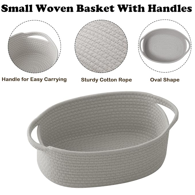 Grey Small Woven Rope Basket with Handles | Empty Gifts Basket with Bag and Ribbons, Cute Handle Organizer Box, Birthday/Baby Shower, Toy Storage