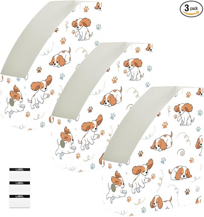 SPRIPORT Cute Pets Puppies Paw Pattern Water Repellent PP Magazine File Holder Organizer for Desk, Foldable Storage Rack for Office School Library Document Sorter with Labels 23x30x10cm (3 Pack)
