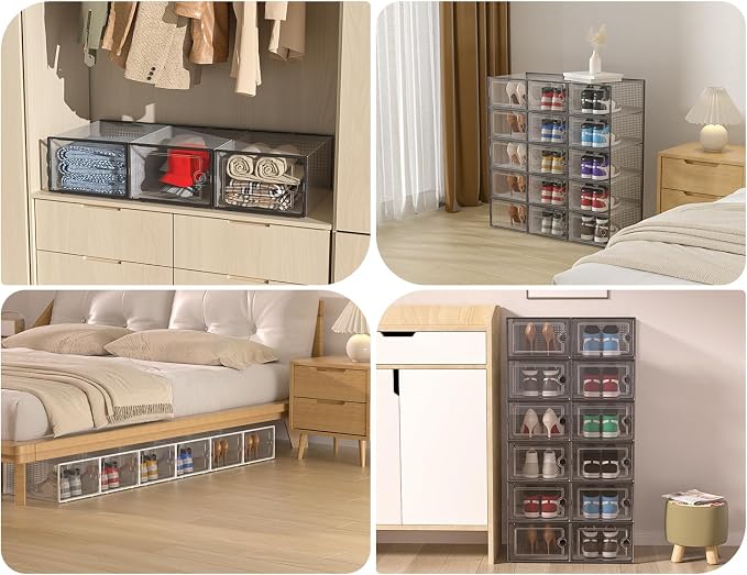 Kuject XX-Large Shoe Storage Boxes 12 Pack, Clear Stackable Shoe Organizer | Shoe Case for Closet, Entryway & Under-Bed Storage, Drop-Front Design, Space-Saving Solution for Family Organization,White