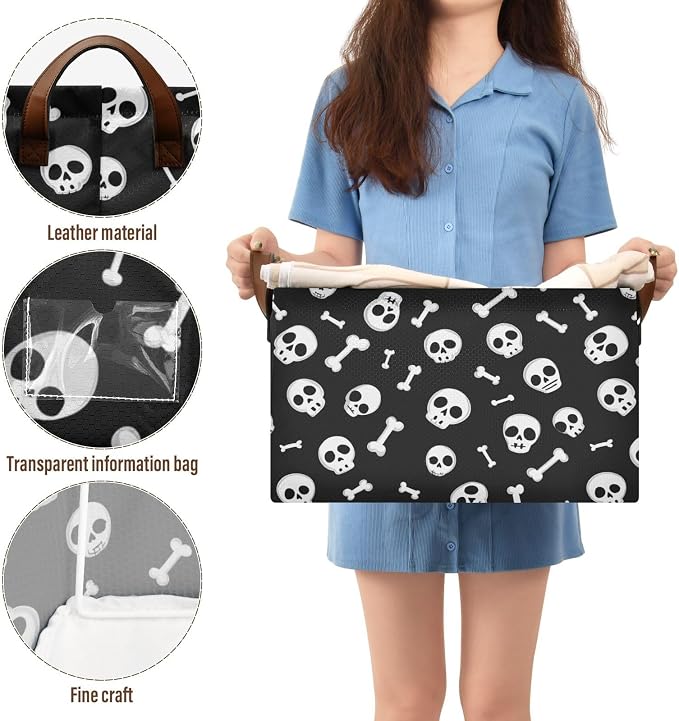 Black and White Skulls and Bones Storage Basket Foldable Cube Storage Bins with Handles&Label Waterproof Collapsible Organizer Box Bin Large Rectangle Decorative Baskets for Shelves Home Room Laundry