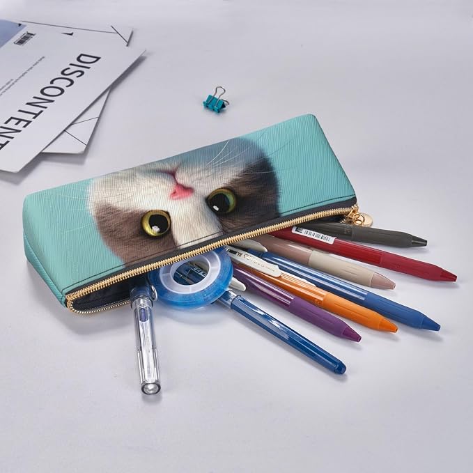 Leather Pen Case with Zipper - Aesthetic Pen Holder Cute Clothes Cat Pencil Case for Women & Men - Handcrafted Pencil Bag Multi-Functional Travel Cosmetic Case for Work Office Tool Pouch