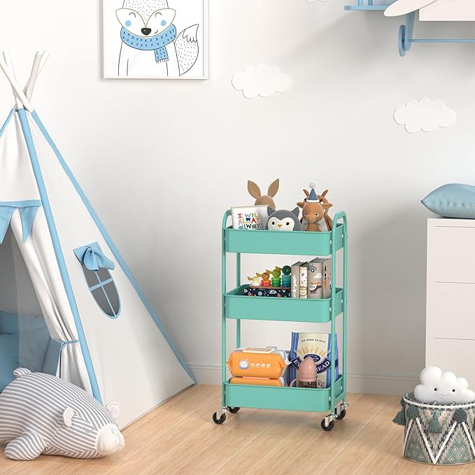 MAX Houser 3-Tier Rolling Utility Cart with Caster Wheels,Easy Assembly, for Kitchen, Bathroom (Turquoise) | Easy Assembly, multi-purpose storage trolley for kitchen, rolling cart with smooth caster wheels for bathroom