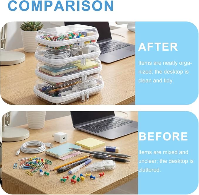 4 Pack Clear Hard Shell Zipper Case, Hard Plastic Zipper Pouches for Travel Toiletries, Makeup, Tech Gadgets & Pencils, Transparent Crush-Resistant Organizer Case (4S)