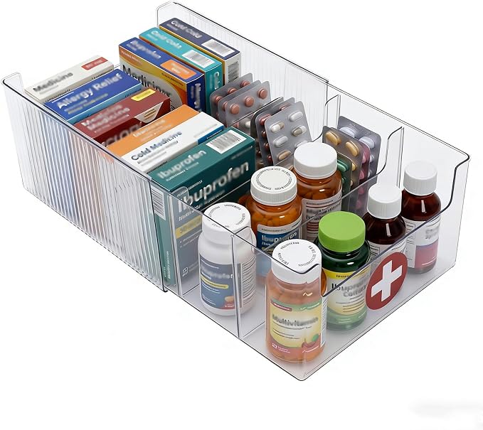 Expandable Medicine Cabinet Organizer, Clear Medication Storage Bin with Removable Divider, Vitamin Bottle Organizer for Countertop Bathroom Cabinet, Prescription Bottle and First Aid Supplies