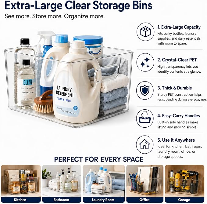 MOONEDGE 8 Pack XL Clear Storage Containers 13x10x8in Plastic Organizers | Clear Bins for Organizing, Organizer Bins with Handles, Garage, Pet Supplies, Linen Storage, Utility Shelf, Cleaning Supplies