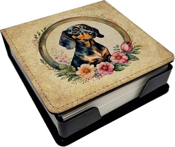 Caroline's Treasures Dachshund and Flowers PU Leather Note Paper Holder with Artist-Designed Cover, Desk Accessory, Office Gift