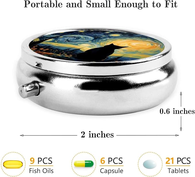 Pill Box, Small Pill Organizer with 3 Compartments and Mirror, Cute Round Portable Travel Metal Pill Case for Pocket or Purse, Privacy-Protecting Medicine Box-Starry Sky Cat