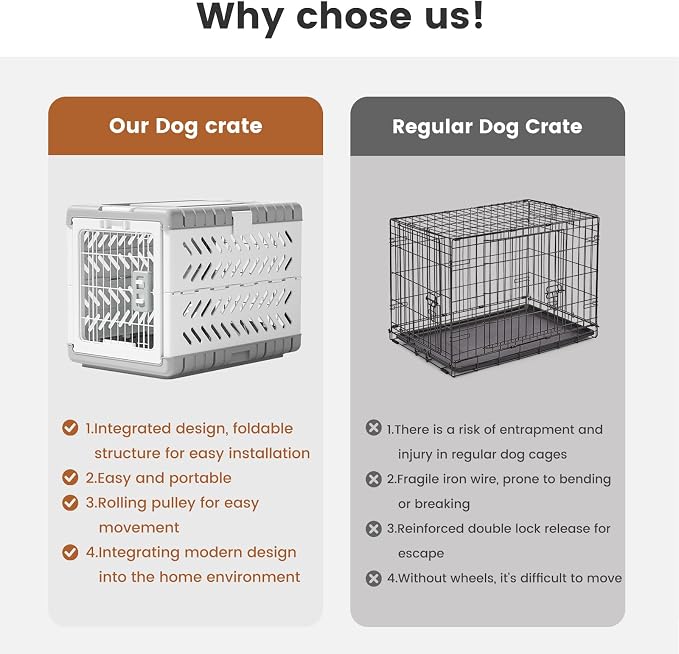 36" L Travel Dog Crate -Collapsible Dog Crate for Large/Medium Dogs, No Tools Required with Space Saving Design,Portable Foldable Dog Carrier with 2 Smooth Wheels,Handles for Easy Moving,Grey
