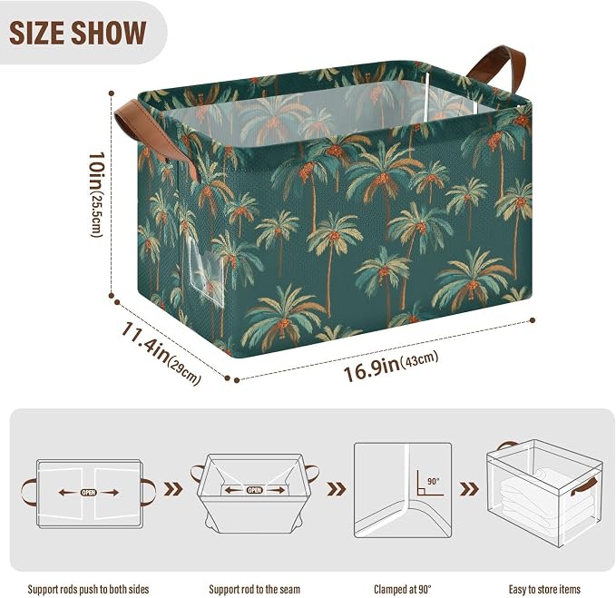 Teal Green Bg Vintage Palm Tree Storage Basket Foldable Cube Storage Bins with Handles&Label Waterproof Organizer Box Bin Large Rectangle Decorative Baskets for Shelves Home Room Laundry-2 Pack