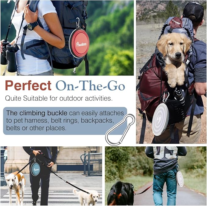 Pawaboo Collapsible Travel Dog Bowls 2 Pack with Lids&Carabiners Silicone | Feeding Watering Bowls for Dogs Cats, Collapsable Water Feeder Food Bowl for Walking Traveling Home Use, Light Pink + Blue