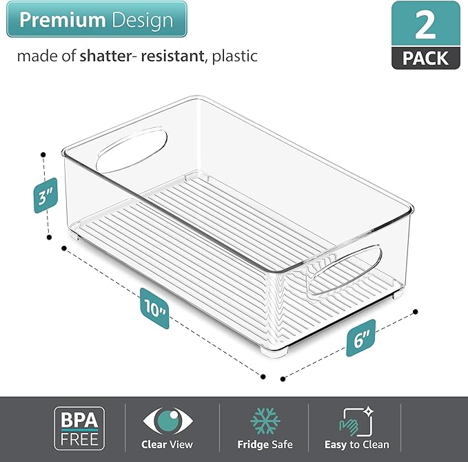 Sorbus Fridge Organizers and Storage, Clear Stackable Bins (Medium, 2 Pack) | Built-in grips support easy access and transport; plastic containers organize food in freezers, drawers and countertops.