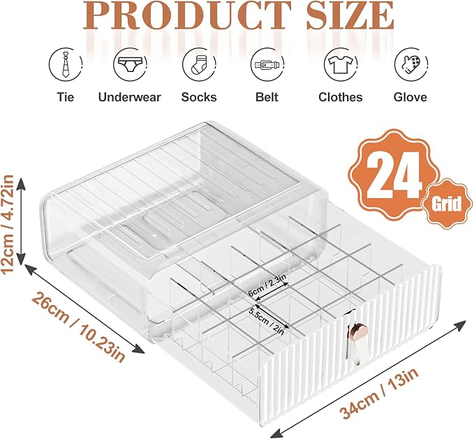 Sock Underwear Drawer Organizer - 24 Compartment Clear Acrylic Storage Bins with Removable Dividers for Closet, Stackable Dresser Drawer Box for No-Mess Socks, Tiers, Baby Clothes, Belt, Tea Bag