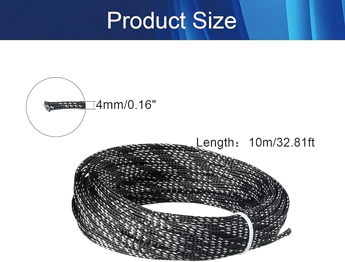 Jutagoss PET Expandable Braided Cable Sleeve, 32.8ft - 3/16 inch Black Silver Cable Management Sleeve, Wire Loom Tube Cord Protector for USB Cable, Power Cord, Audio Video and More, 1Pc