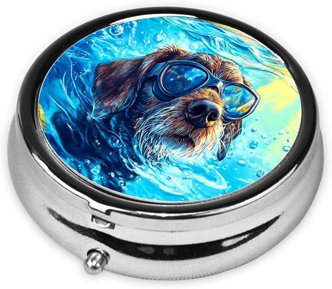 German Wirehaired Pointer Dog Portable Pill Organizer | 3 Compartment, With Mirror, For Men Women, For Daily Supplements, Vitamins, Fish Oil, Jewelry, Candy, Travel
