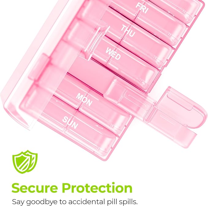 AUVON Weekly Pill Organizer 2 Times a Day, One-Sided Opening, Easy to Use | AM PM Pill Case, XL Pill Box 7 Day, Travel Medication Organizer for Medication, Vitamins, Fish Oils, Supplements, Sakura Pink